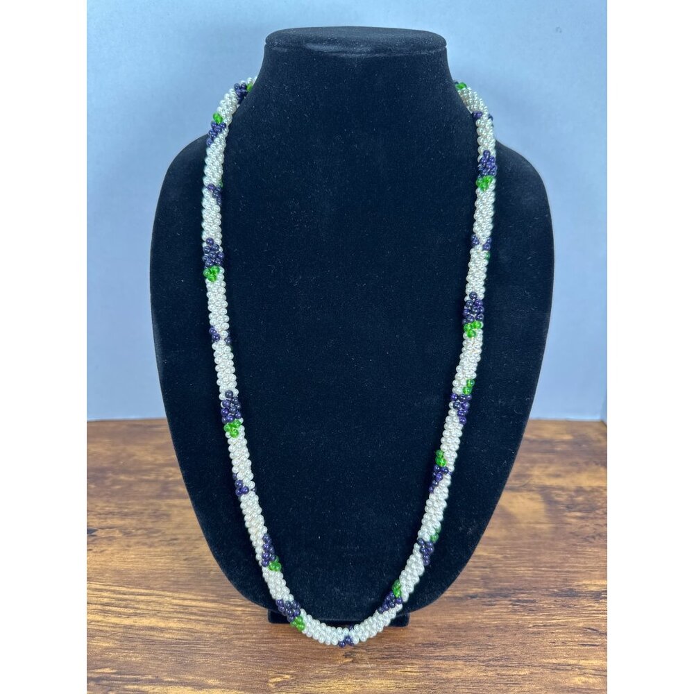 Vintage Faux Seed Pearl Grape Cluster Woven Rope Necklace